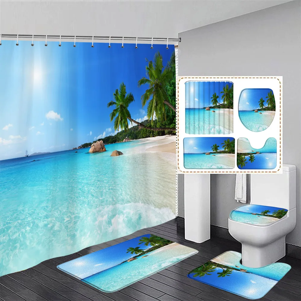 Okyanus Manzara Duş perde seti palmiye Yaprakları Denizyıldızı Kabuklu Deniz Dalga Plaj Banyo Dekor Kaymaz Halı Banyo Paspasları Tuvalet Kapağı