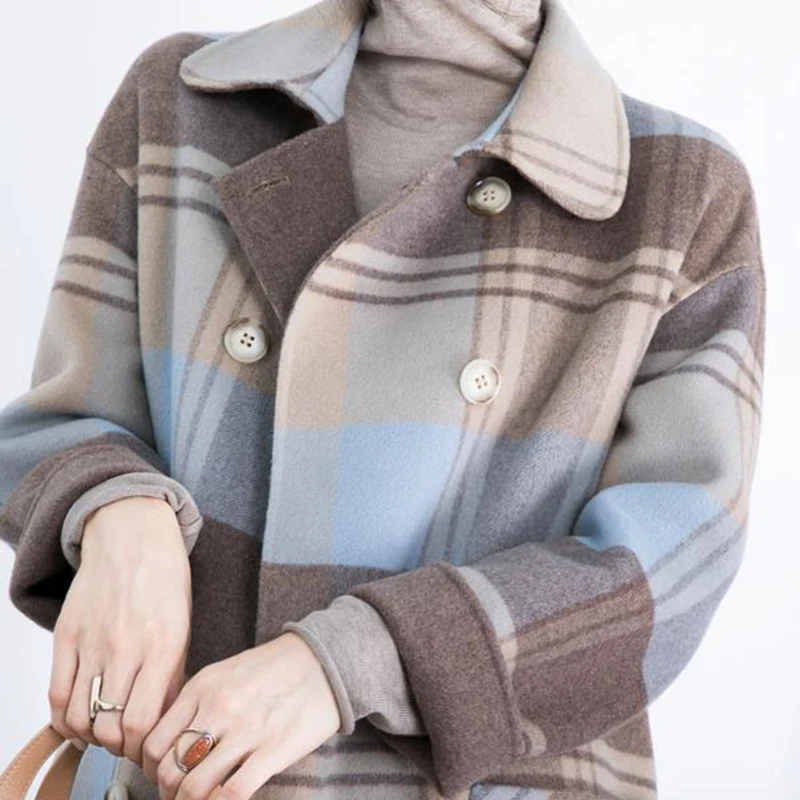 Zarif Kadın Ekose Yün Ceket Sonbahar Kış Kore Vintage Uzun Kollu Ceketler Boy Gevşek Kruvaze Casual Dış Giyim