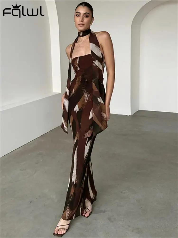 Habbris Seksi Kahverengi Baskı Kapalı Omuz uzun elbise Parti Kadınlar İçin 2023 Bahar Straplez Bodycon maxi Elbise Backless Gece Elbisesi