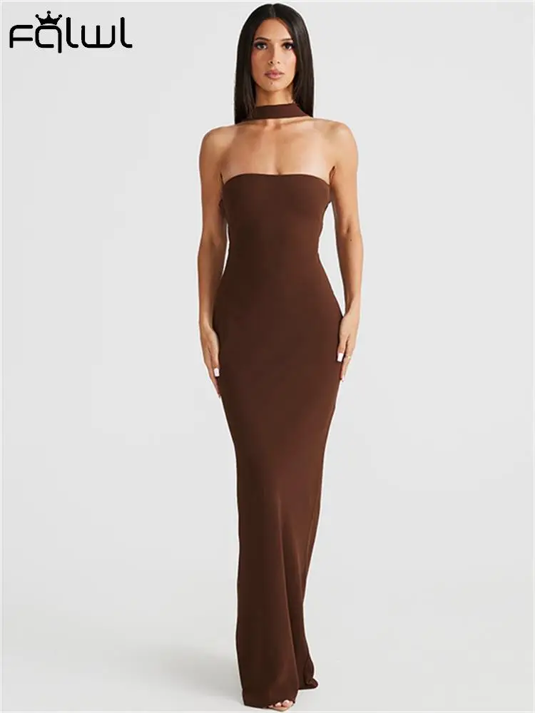 Habbris Seksi Kahverengi Baskı Kapalı Omuz uzun elbise Parti Kadınlar İçin 2023 Bahar Straplez Bodycon maxi Elbise Backless Gece Elbisesi