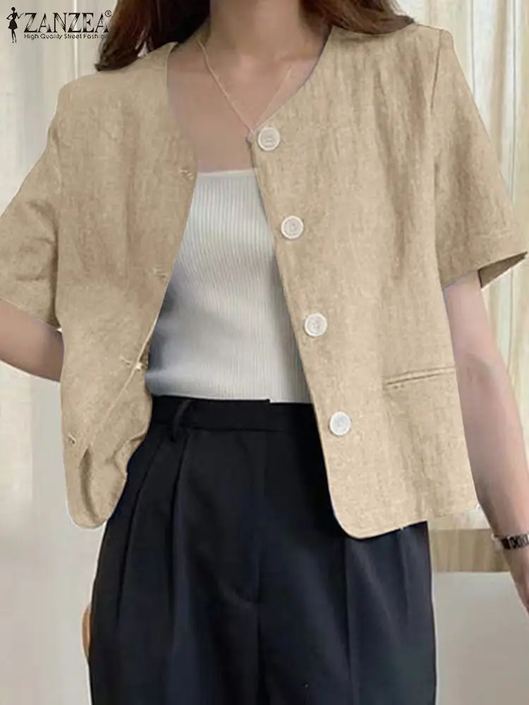 Moda O-boyun Katı Yıpratır ZANZEA Kadınlar Kısa İnce Blazer 2024 Yaz Kore Kısa Kollu Palto Rahat Gevşek Tatil Ceket